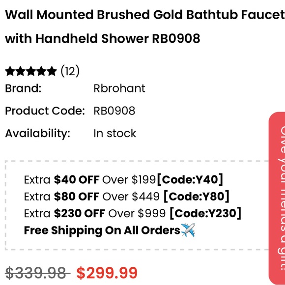 Rbrohant Brushed Gold Wall Mount Tub Faucet w Handheld Sprayer NWT - Picture 5 of 16